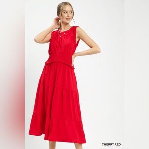 ♥️Hello Gorgeous! Umgee Smocked Waist Tiered Midi Dress-Cherry Red